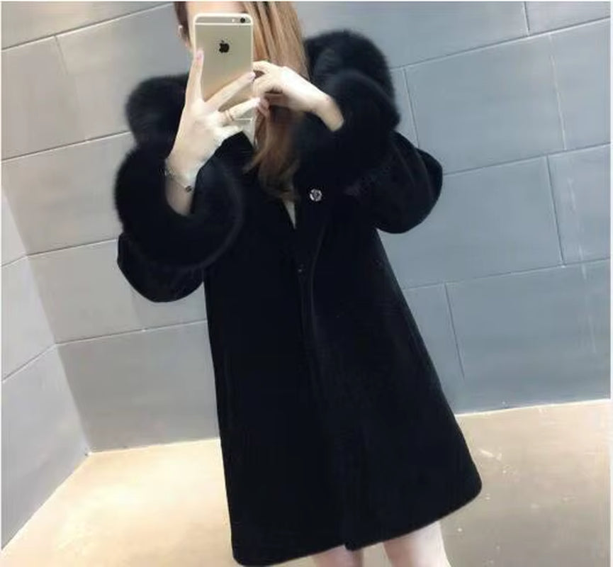 Women Winter Jacket Fake Fur Sheep Shearing Coat Fox Fur Collar Streetwear Thick Warm Outerwear Casual