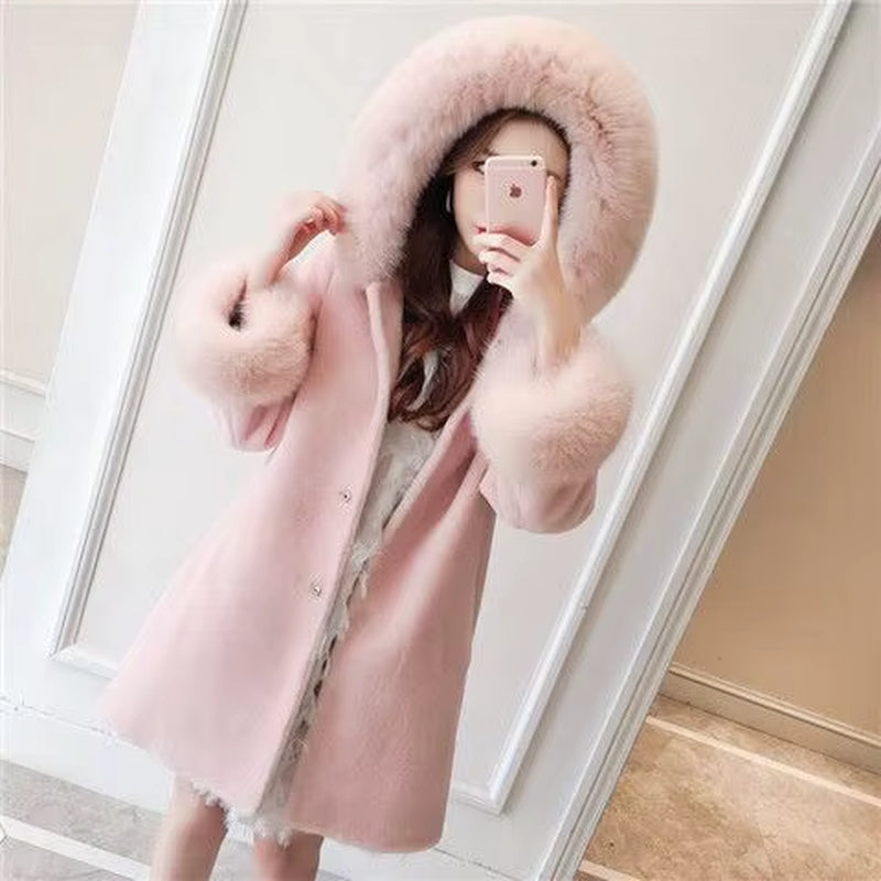 Women Winter Jacket Fake Fur Sheep Shearing Coat Fox Fur Collar Streetwear Thick Warm Outerwear Casual