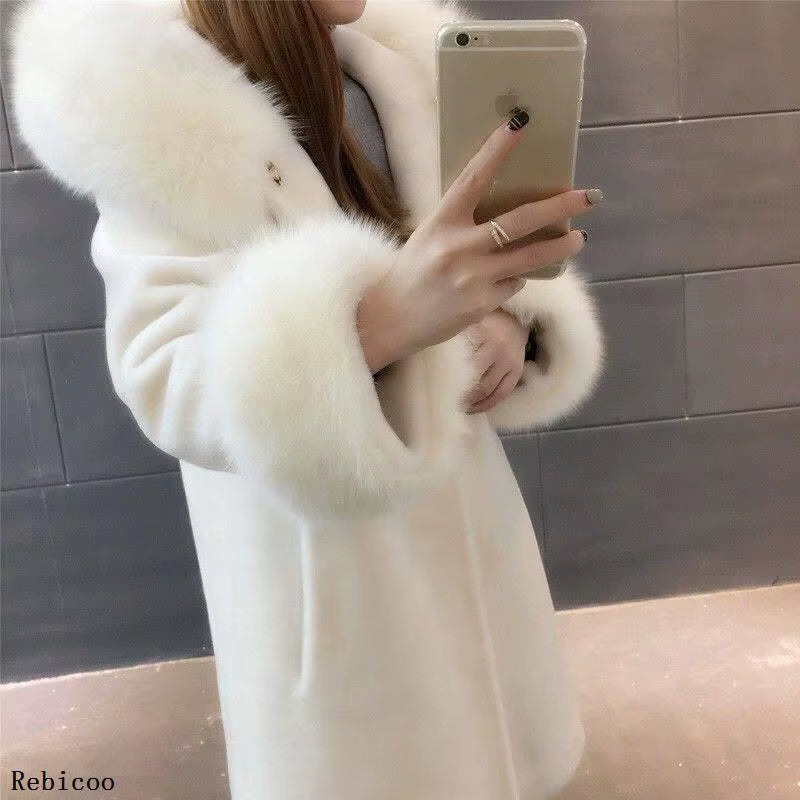 Women Winter Jacket Fake Fur Sheep Shearing Coat Fox Fur Collar Streetwear Thick Warm Outerwear Casual